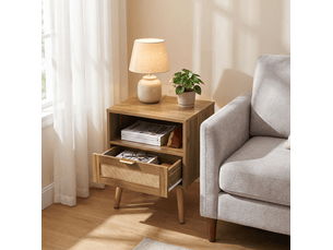 Table de chevet en rotin 45x40x55 cm 1 tiroir mdf noyer