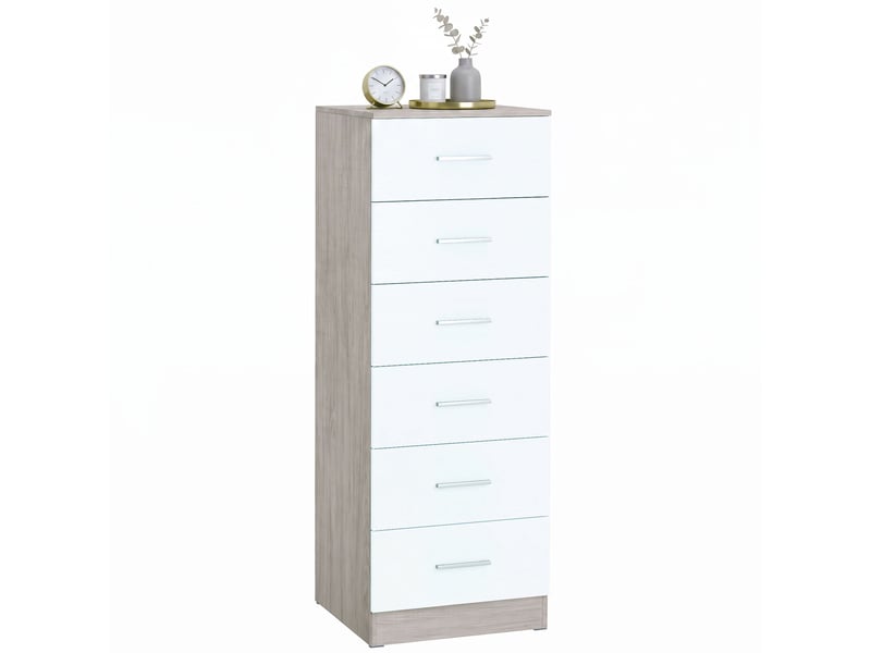  Commode à 6 tiroirs, commode haute de chambre avec dispositif anti-basculement, 40 x 40 x 110 cm, gris clair et blanc  - Conforama A
