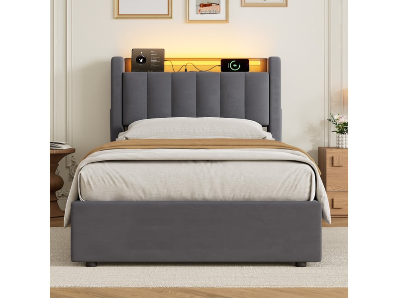  Lit coffre simple 90 x 190 cm en velours, lit avec led, usb et rangement hydraulique, sans matelas  - Conforama B