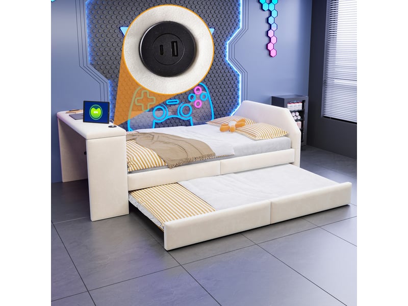 Lit pour enfant rembourré 90x200 cm – avec port de charge usb – avec lit gigogne – velours – beige (matelas non inclus) - Conforama R