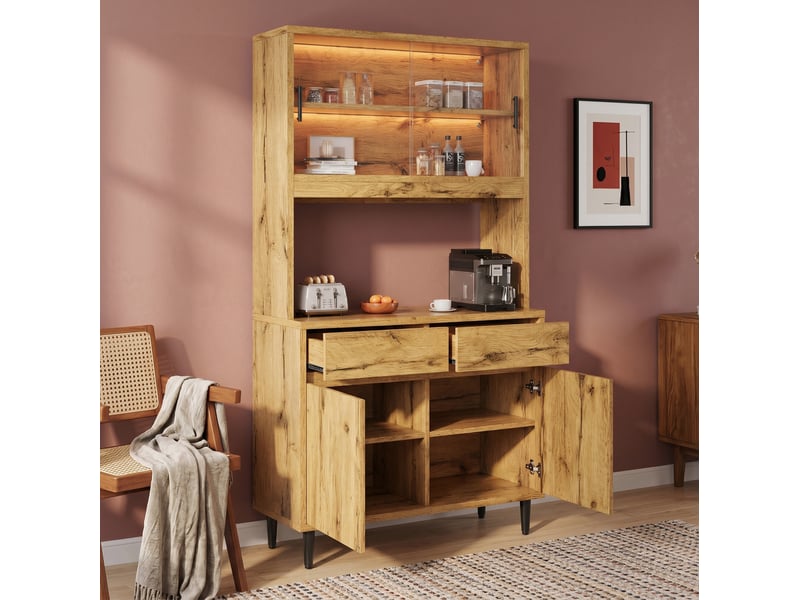 Buffet haut 4 portes, 2 tiroirs et niche ouverte avec led et prises intégrées pour salle à manger, teinte chêne clair - Conforama D