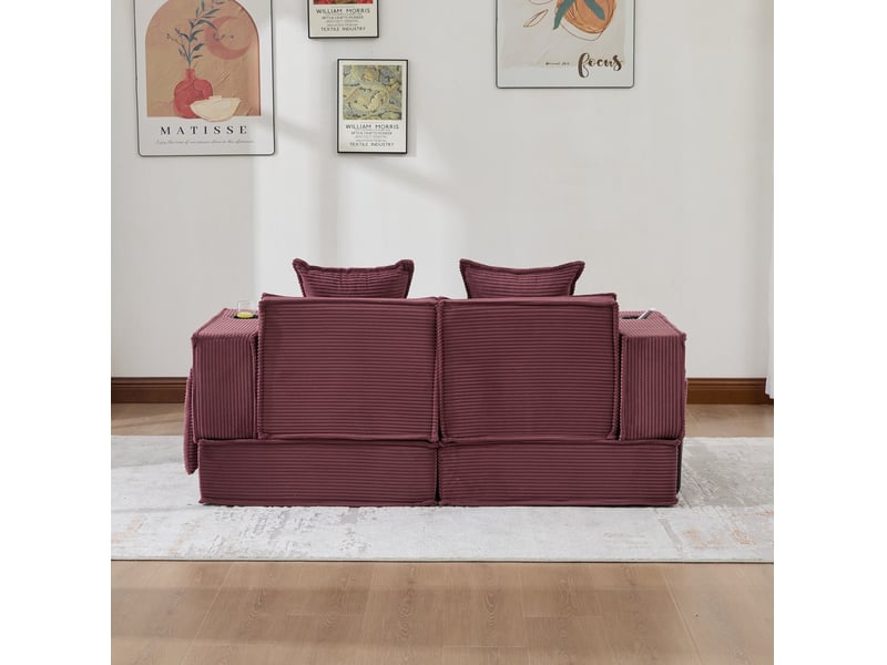  Canapé 2 places ulevr modulaire en velours côtelé rouge bordeaux avec poches latérales, porte-gobelets et 2 coussins, 162 x 78 x 66 cm  - Conforama E
