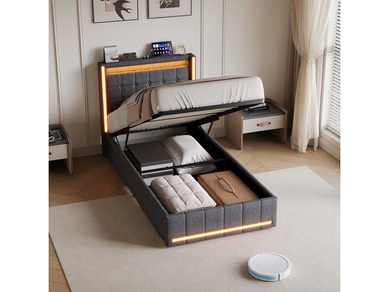 Lit coffre 90x200 cm avec led,usb et hydraulique, lit simple en lin gris, grand rangement, tête de lit capitonnée - Conforama D