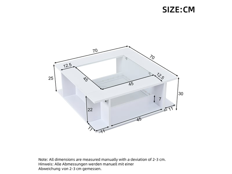  Table basse carrée blanche 70x70x30 cm avec plateau en verre, table de salon avec led contrôlable par application, finition brillante  - Conforama C