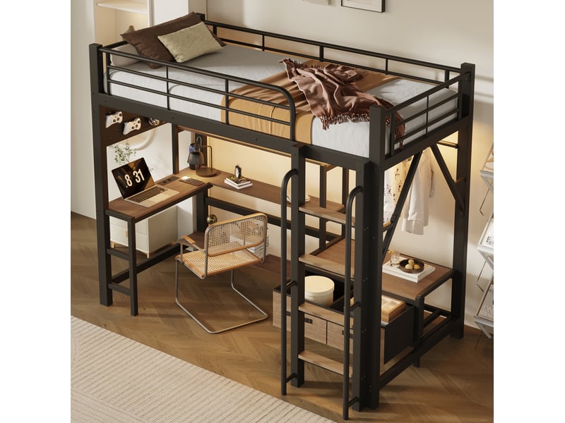  Lit mezzanine enfant 90 x 200 cm avec bureau, rangements, led et usb noir  - Conforama E