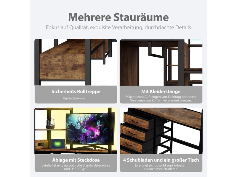 Lit superposé 140x200 cm, lit enfant, bureau, penderie, led, prise intégrée, métal noir - Conforama W