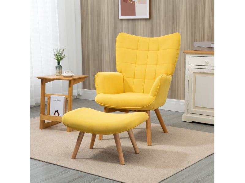  Fauteuil relax avec repose-pieds assorti, dossier haut, accoudoirs et pieds en hêtre, revêtement en polyester jaune  - Conforama B