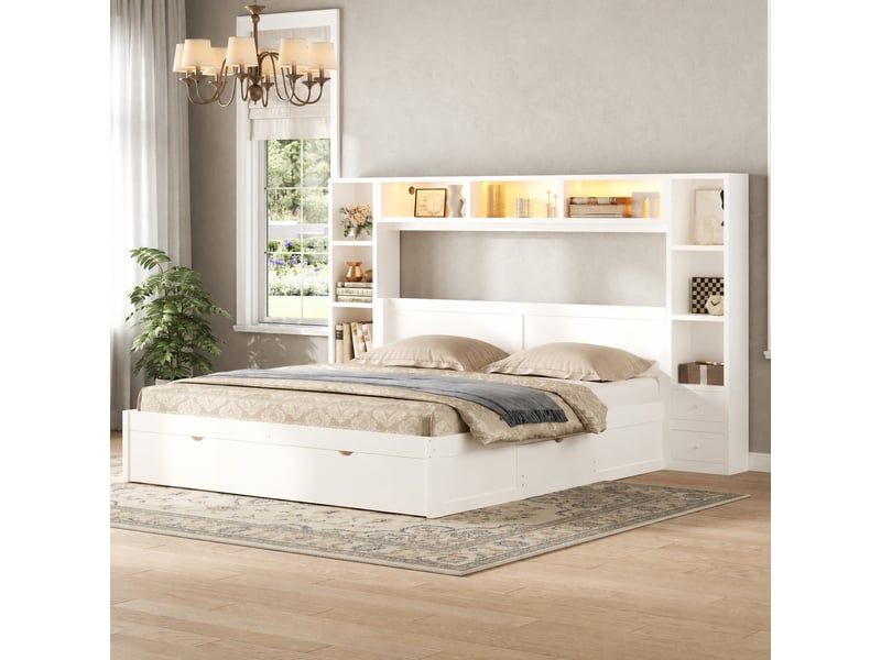  Cadre de lit 140x200 cm avec tête et pied de lit, 7 tiroirs et led 7 couleurs, blanc  - Conforama D