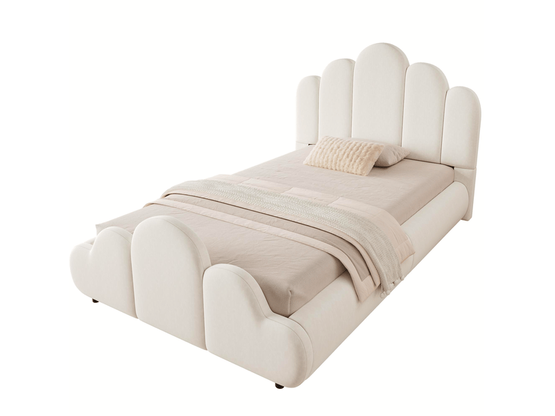  Lit enfant 90 × 200 cm 1 place avec tête de lit rembourrée et angles arrondis, sans matelas, en velours beige  - Conforama A