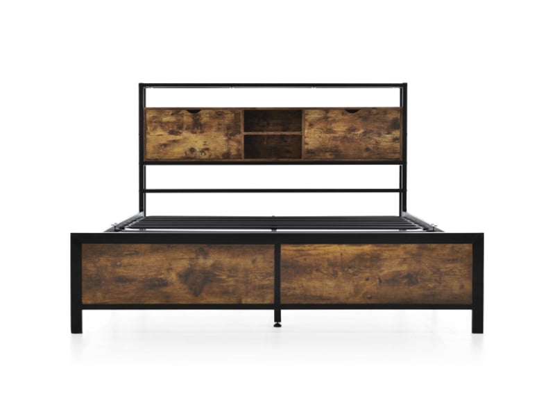 Lit en métal 140x200cm avec tête de lit rangement et sommier à lattes, noir - Conforama C