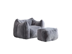 Fauteuil avec pouf assorti, assise en mousse et forme arrondie pour salon, en fausse fourrure grise