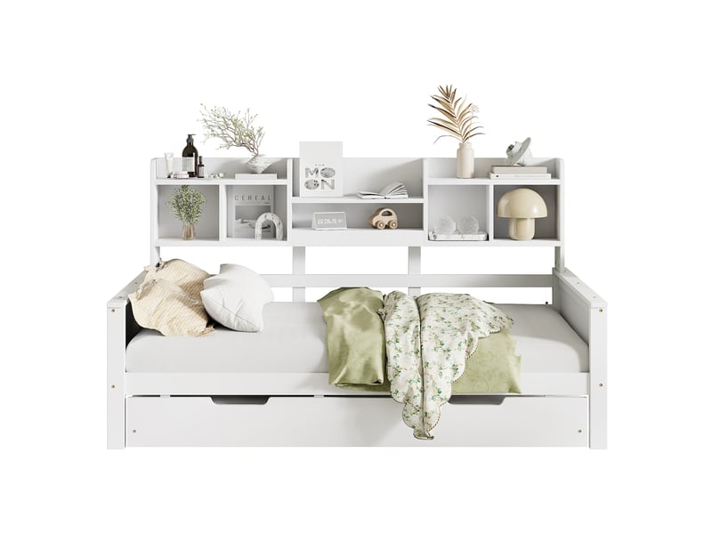  Lit banquette gigogne 90x200 cm avec couchage 90x190 cm et rangement, blanc  - Conforama A