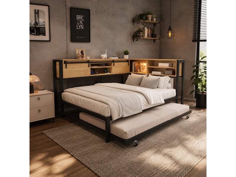 Lit gigogne 2 places 120 × 200 cm et 90 × 190 cm, rangement, port de charge, sans matelas, noir naturel - Conforama D
