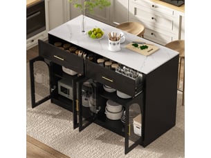 Desserte de cuisine avec 2 tiroirs, portes vitrées, étagères réglables et led pour cuisine en mdf 135×55×91 cm noir