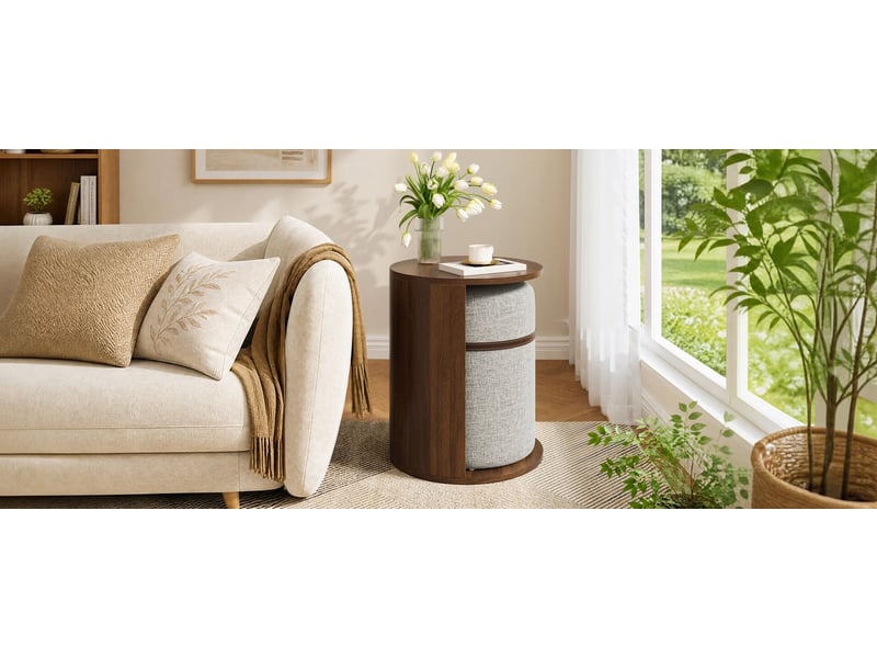  Table basse rangement forme ronde ensemble tabouret rangement intégré plateau en mdf aspect bois style moderne  - Conforama E