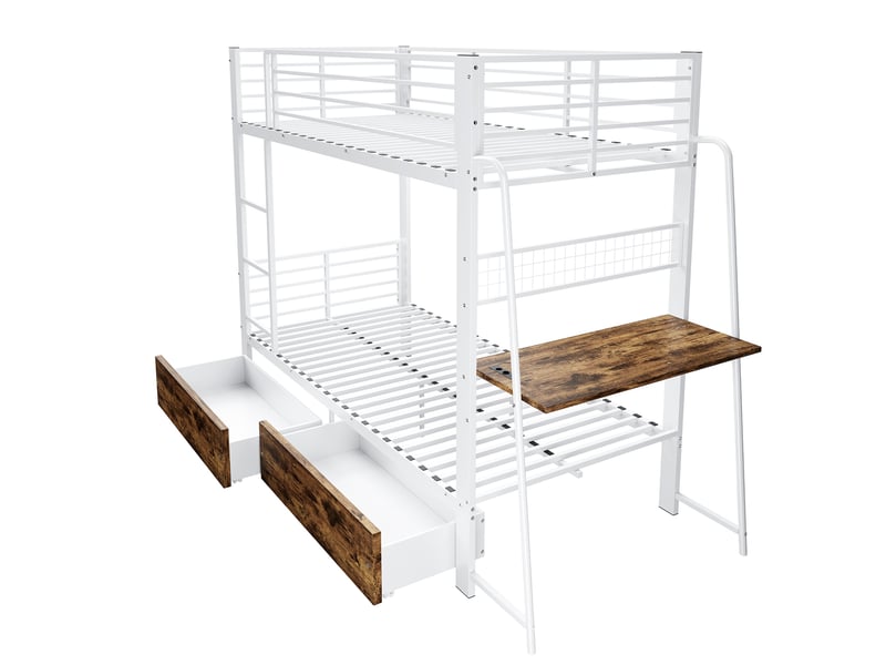  Lit superposé 90x200cm - lit double en métal avec bureau, éclairage led, tiroirs de rangement et barrière - blanc  - Conforama D