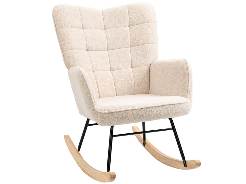  Fauteuil à bascule beige en tissu bouclette avec base en bois de hêtre 71x98x101 cm  - Conforama A