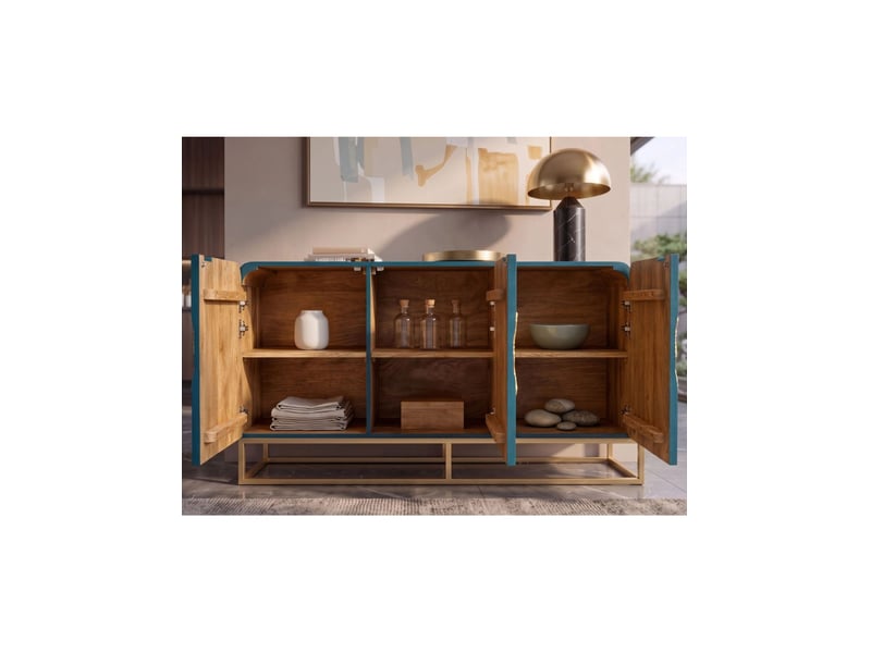 Buffet lotusia 160 cm – bois de manguier turquoise et doré – 3 portes - Conforama D