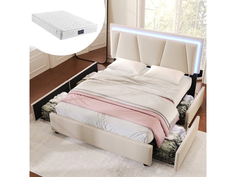  Lit capitonné, lit double 160x200 cm, 4 tiroirs, rangement intégré, led, tête de lit réglable, bois beige, matelas inclus  - Conforama A