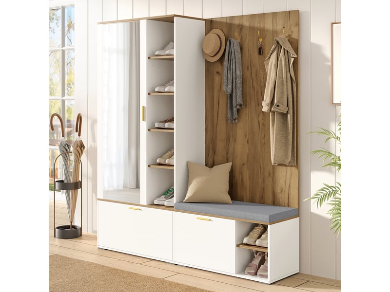  Vestiaire d’entrée 160x38x180 cm, meuble à chaussures et portemanteau, miroir intégré, crochets, panneaux de particules blanc et naturel CozyNest - Conforama D