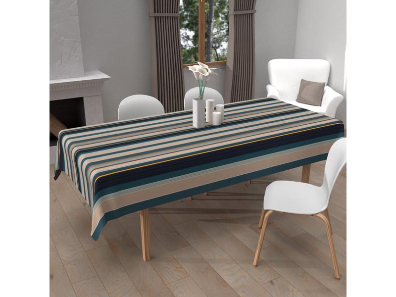 Nappe imprimée anti-tâches rectangle 140x240 cm bayaderes bleu, par soleil d'ocre  - Conforama B