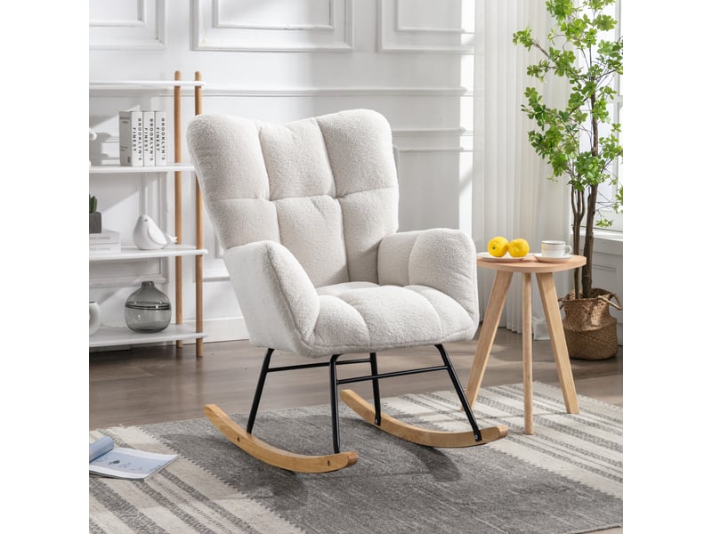 Fauteuil à bascule blanc en tissu teddy, rocking chair moderne capitonné pour salon et chambre, pieds bois - Conforama C