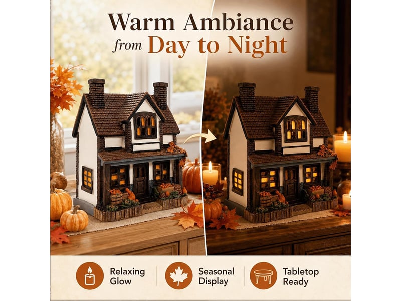  Décoration automne lumineuse 1 pièces, maison de village en résine avec led blanc chaud, décoration de table, noir  - Conforama D