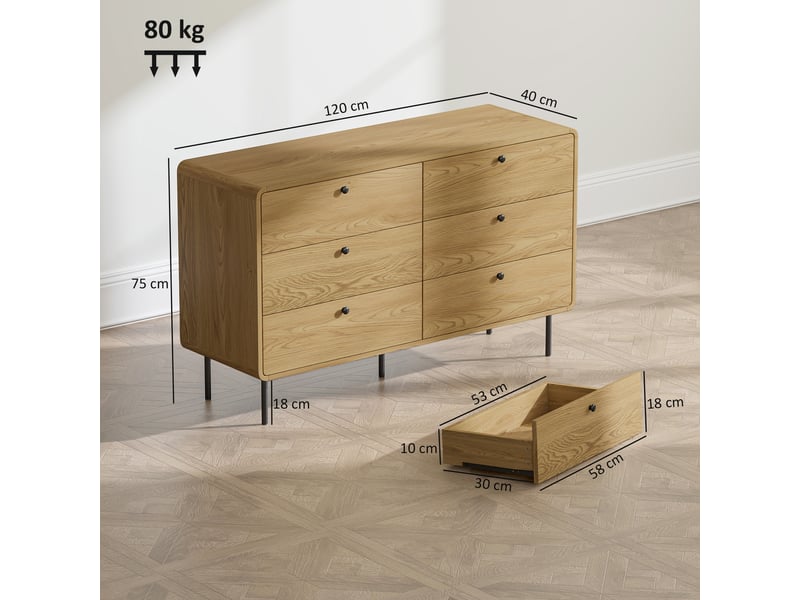  Commode 6 tiroirs meuble de rangement style moderne arrondis coins et pieds en acier 120 x 40 x 75cm effet bois de chêne  - Conforama C