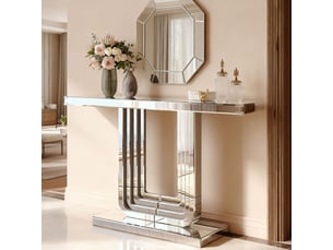 Console miroir 120 cm argentée, base en u stable, résistance aux rayures, facile d'entretien, luxe pour salon
