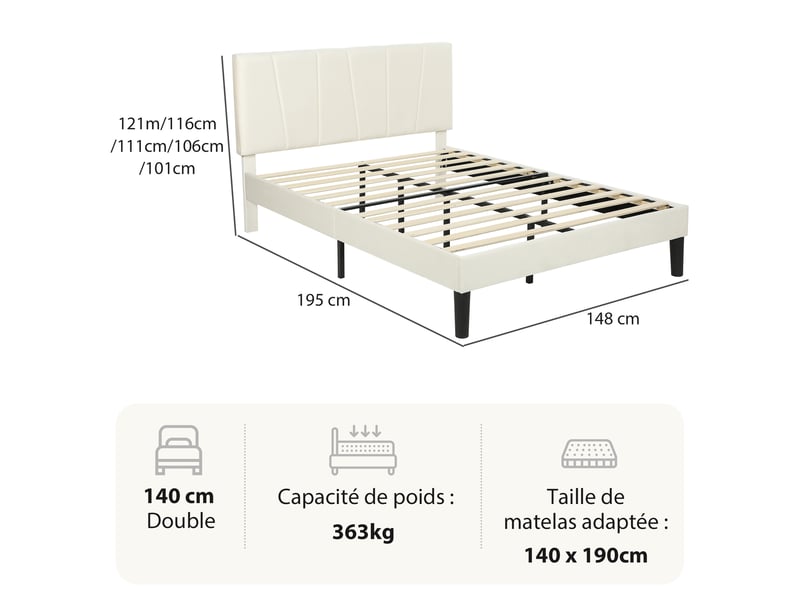  Lit double design graphique velours - tête de lit, pied de lit et sommier - compatible matelas 190x140cm - crème  - Conforama C