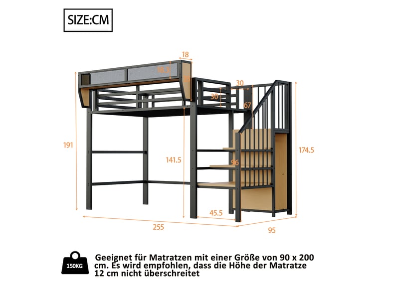  Lit mezzanine 90x200 cm avec échelle et rangement modulable noir et blanc  - Conforama C