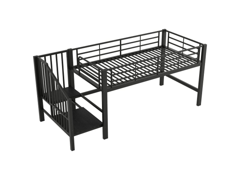  Lit mezzanine 90x200 cm avec escalier de rangement, barrière de sécurité, en métal, noir, sans matelas  - Conforama D
