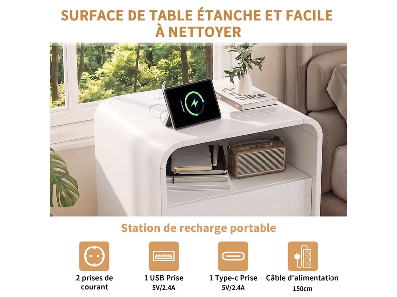  Table de chevet blanche lot de 2, avec éclairage led rgb, station de recharge 2 prises + usb‑c, 2 tiroirs + compartiment ouvert, conception sans poignée  - Conforama W