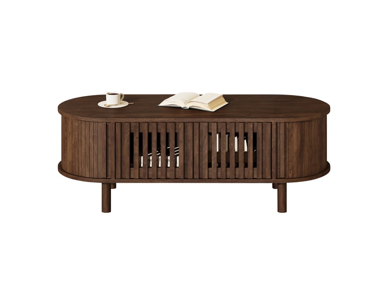  Table basse ovale 100x40x38 cm finition noyer, portes à lamelles, porte coulissante et pieds en bois massif Fay Lum - Conforama A