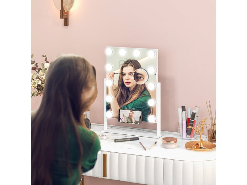  Miroir hollywood avec led 12 ampoules, luminosité réglable, rotation à 360°, grossissement 10x, blanc, touche tactile  - Conforama D