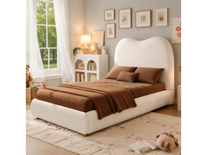  Lit d'enfant 90 × 200 cm, rangement hydraulique, avec sommier, tête de lit, velours, beige  - Conforama D