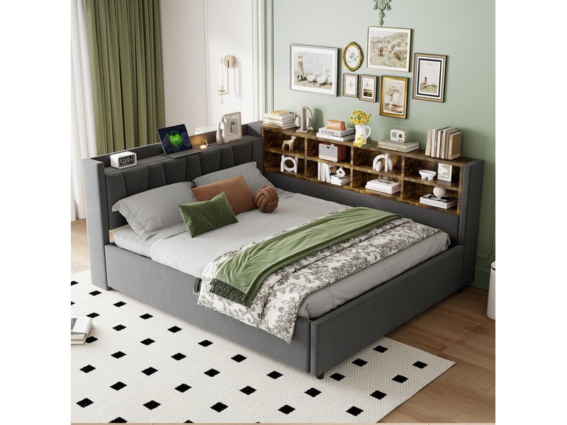  Lit coffre double 140x200 cm avec rangement, usb et type-c gris foncé  - Conforama B