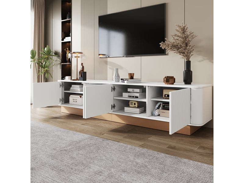  Meuble tv 4 portes à étagères réglables avec passe-câbles pour salon 200×40×47,5 cm en mdf blanc  - Conforama C