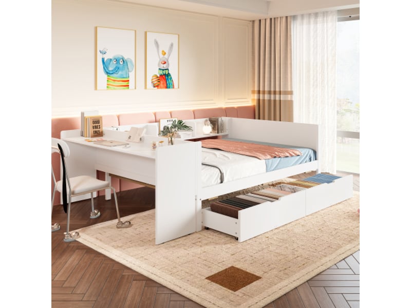 Lit enfant 140x200 cm avec 2 tiroirs, bureau, 3 étagères, sans matelas, blanc  - Conforama B