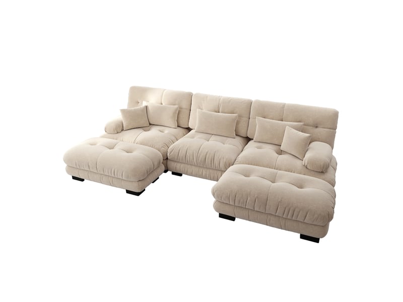 Canapé d'angle, canapé convertible – forme u, assise profonde, marron clair, en chenille, avec pouf, style cloud - Conforama E