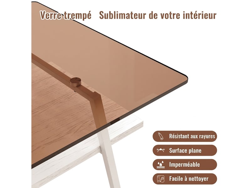  Table basse en verre trempé, table de salon rectangulaire, table basse 98x58 cm, pieds en métal blanc, design moderne blanc et marron  - Conforama R