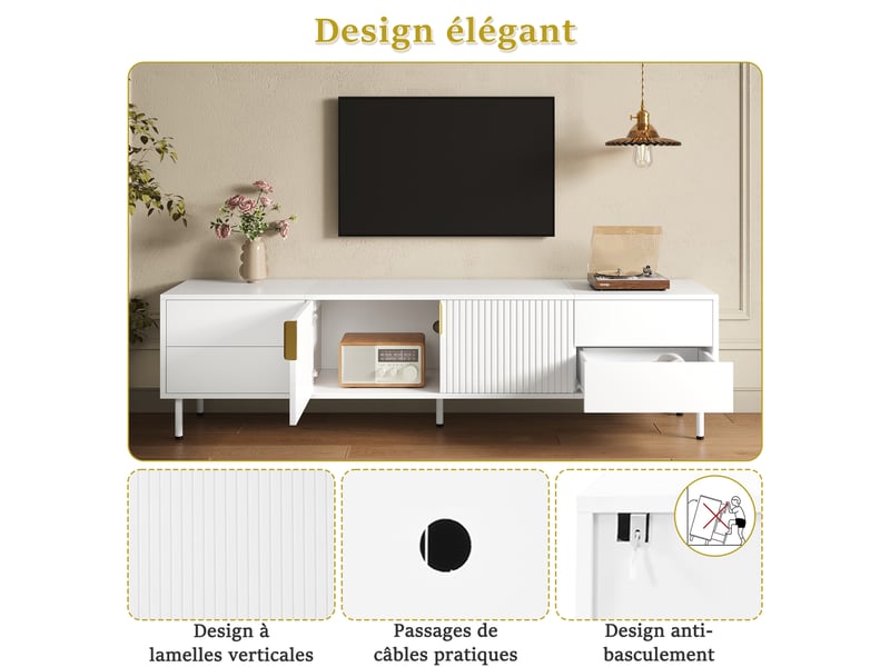  Meuble tv avec 2 portes et 4 tiroirs, 180 x 40 x 49,5 cm, façades rainurées, passage de câbles et pieds en métal, mdf, blanc Morn Vibe - Conforama D