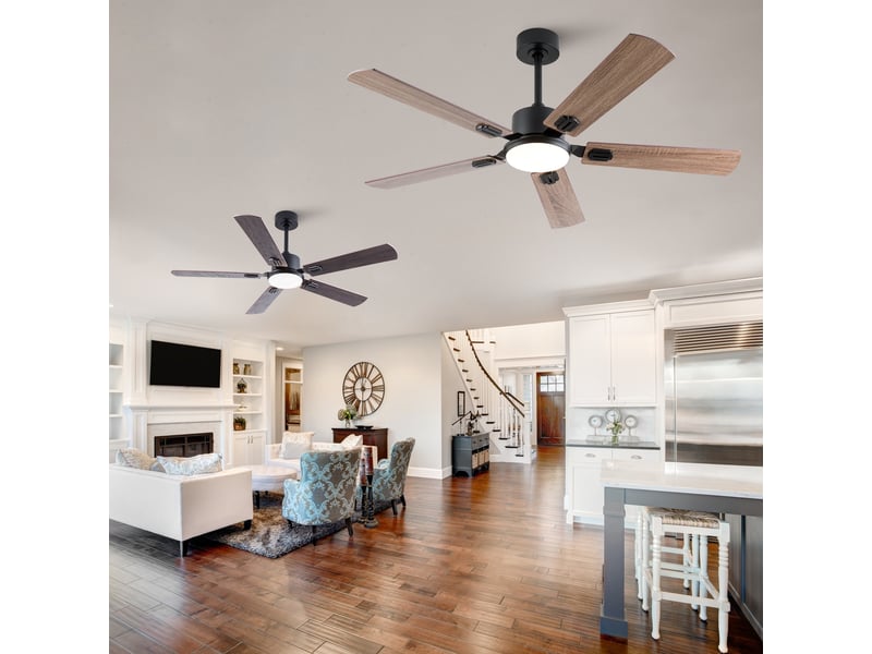Ventilateur de plafond avec lampe, ventilateur silencieux avec télécommande pour salon chambre, en métal et bois 132 cm 5 pales, noir et noyer foncé - Conforama C