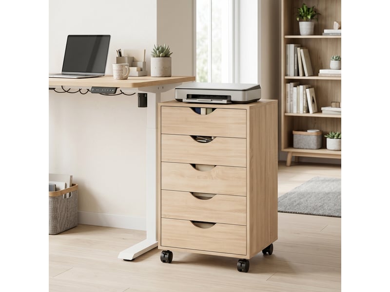  Caisson bureau mobile, meuble rangement sur roulettes avec 5 tiroirs, bois, 40 x 40 x 67 cm, chêne  - Conforama D