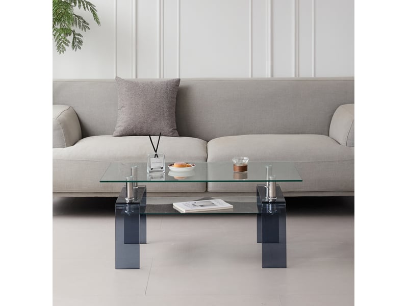  Table basse ulevr en verre trempé transparent 100 x 55 x 45 cm, 2 niveaux, pieds en verre gris  - Conforama E