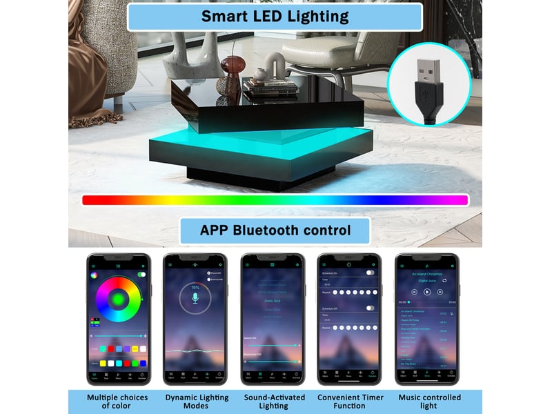  Table basse carrée 70x70x36 cm avec éclairage led intelligent, recharge, rangement ouvert, table de salon, pb, noir  - Conforama E