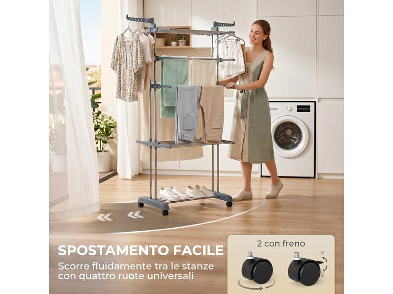  Étendoir à linge pliable à 5 niveaux, avec roulettes et structure en acier inoxydable, pour la maison et la buanderie, gris  - Conforama E