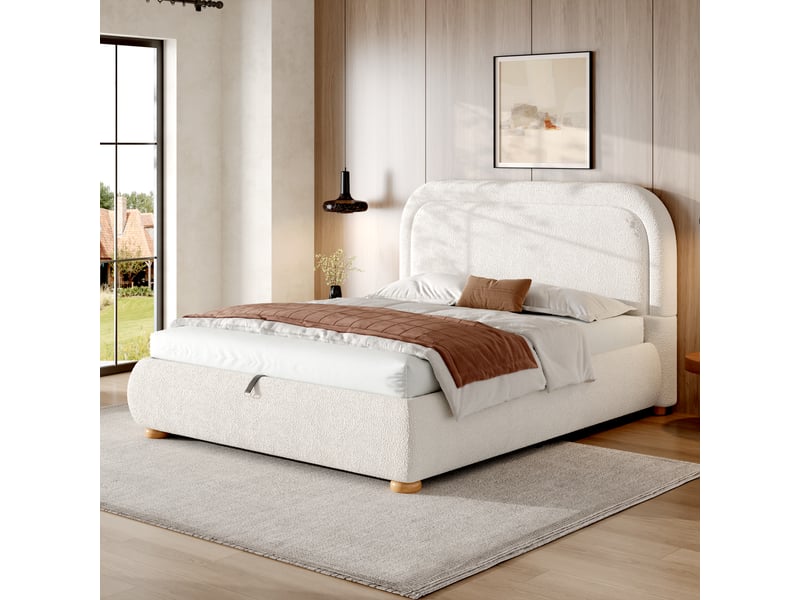 Lit double capitonné 160x200 cm, lit fonctionnel hydraulique avec sommier à lattes, blanc, tête de lit et grand espace de rangement - Conforama A