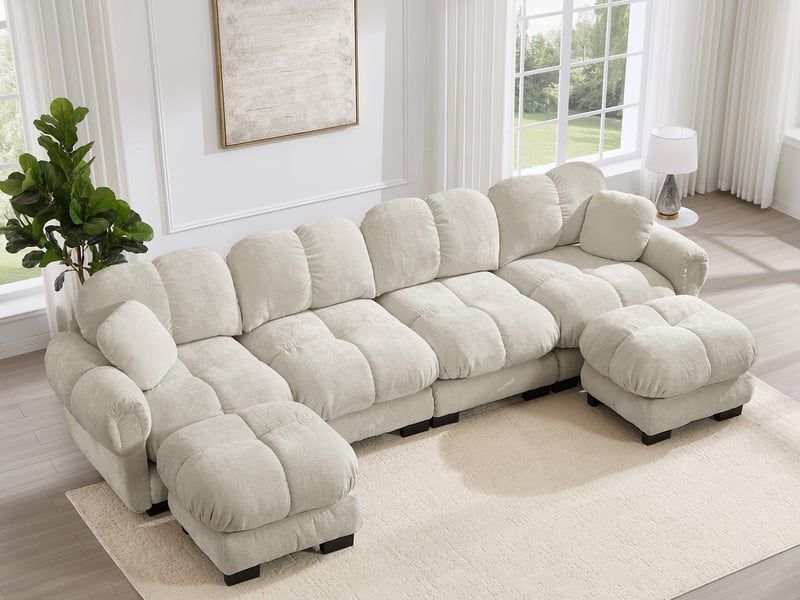  Canapé modulable en u 4 places avec deux ottomanes en tissu beige  - Conforama B
