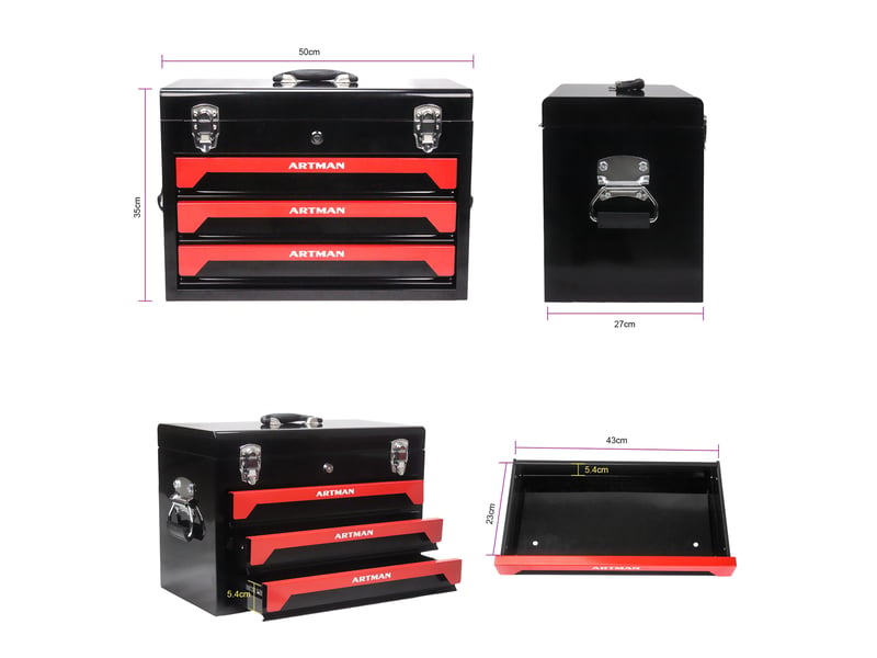  Coffre à outils en acier 50 x 27 x 35 cm noir et rouge, 3 tiroirs sur roulements à billes et poignée  - Conforama C